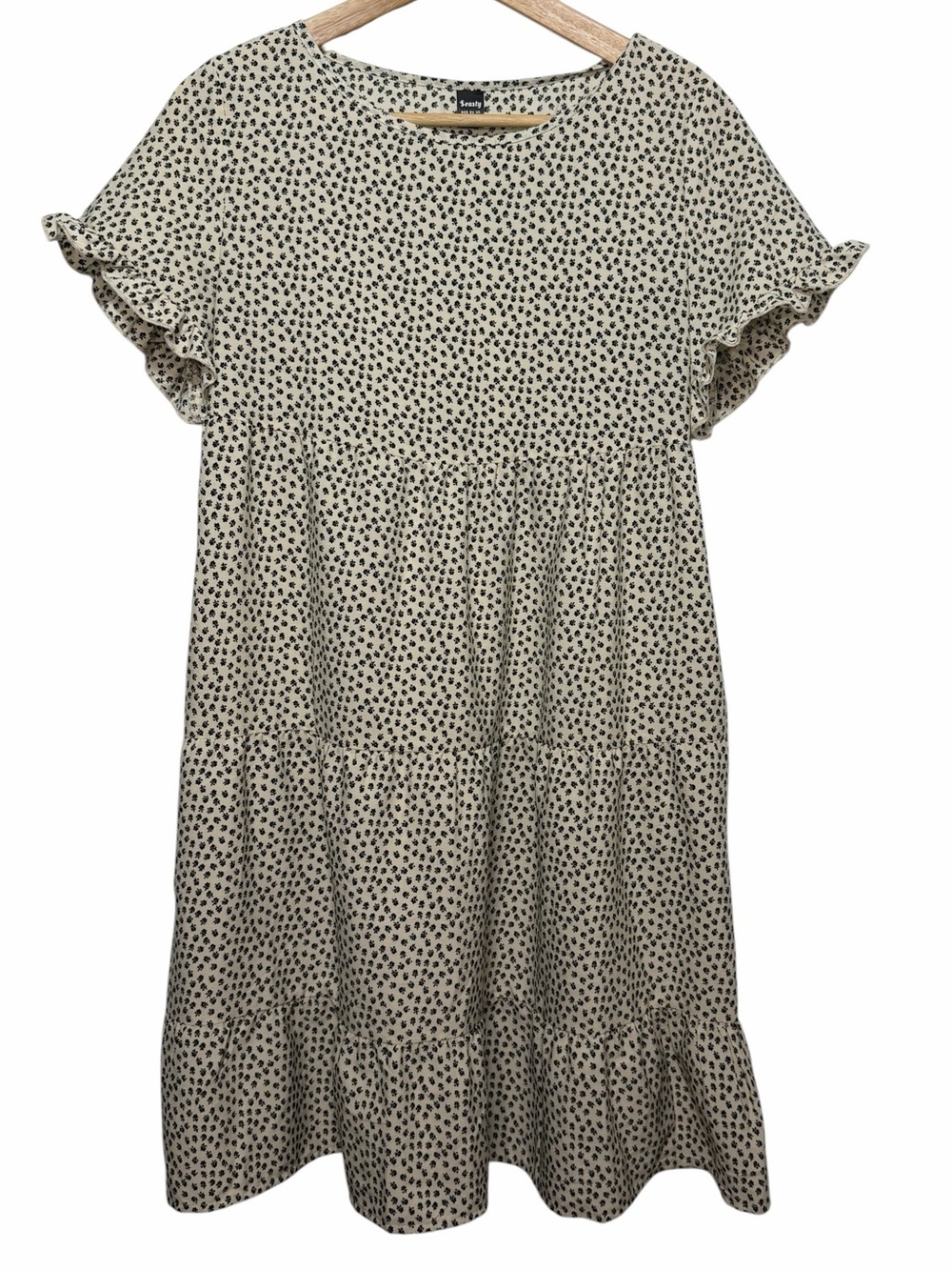 Seasty Women Flutter Slv Tiered Ditsy Floral Dress Cream Black Sz 4 Small Casual